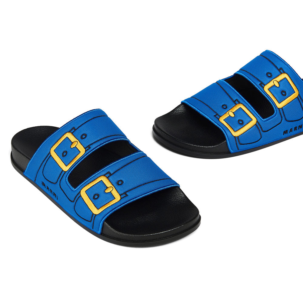 Trompe L'oeil Slider With Embroidered Buckles 'Blue'